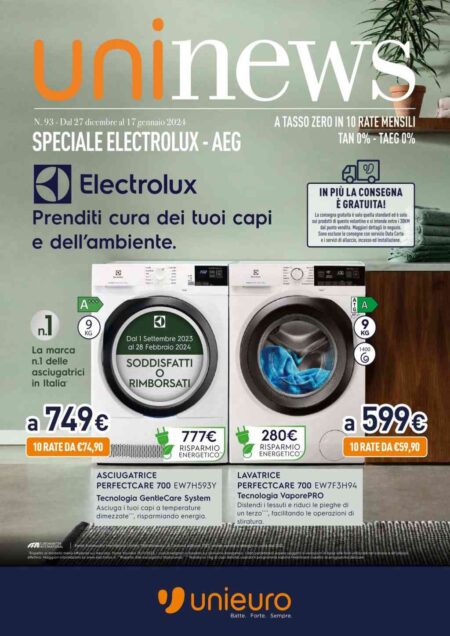 Volantino Unieuro Speciale Electrolux – AEG dal 27 dicembre 2023 al 17 gennaio 2024