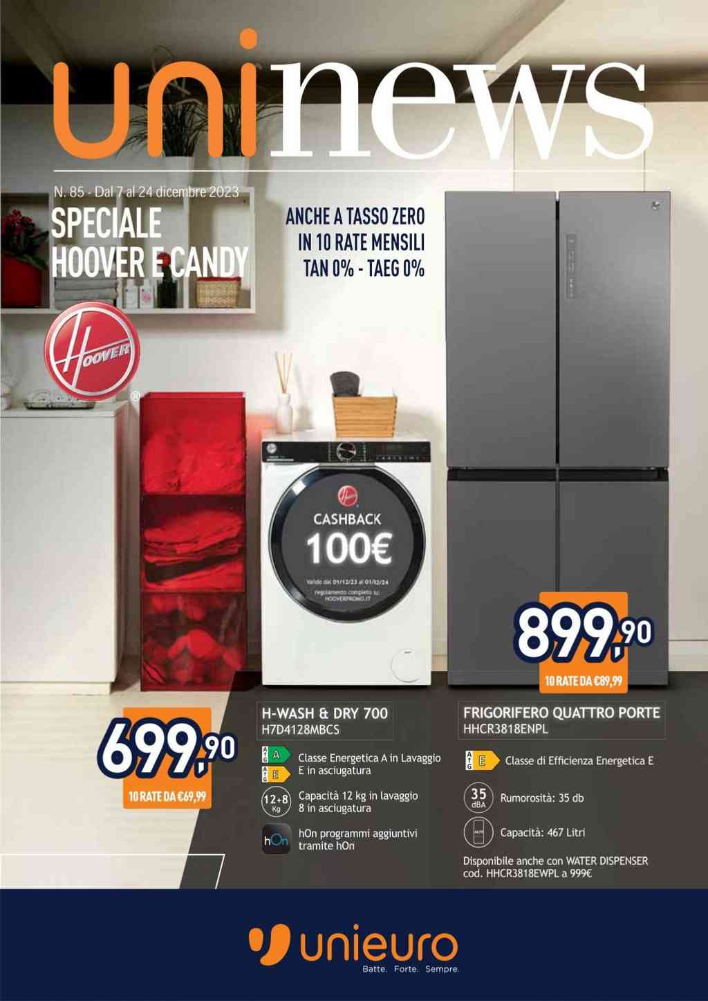 Volantino Unieuro Speciale Hoover Candy dal 7 al 24 dicembre 2023