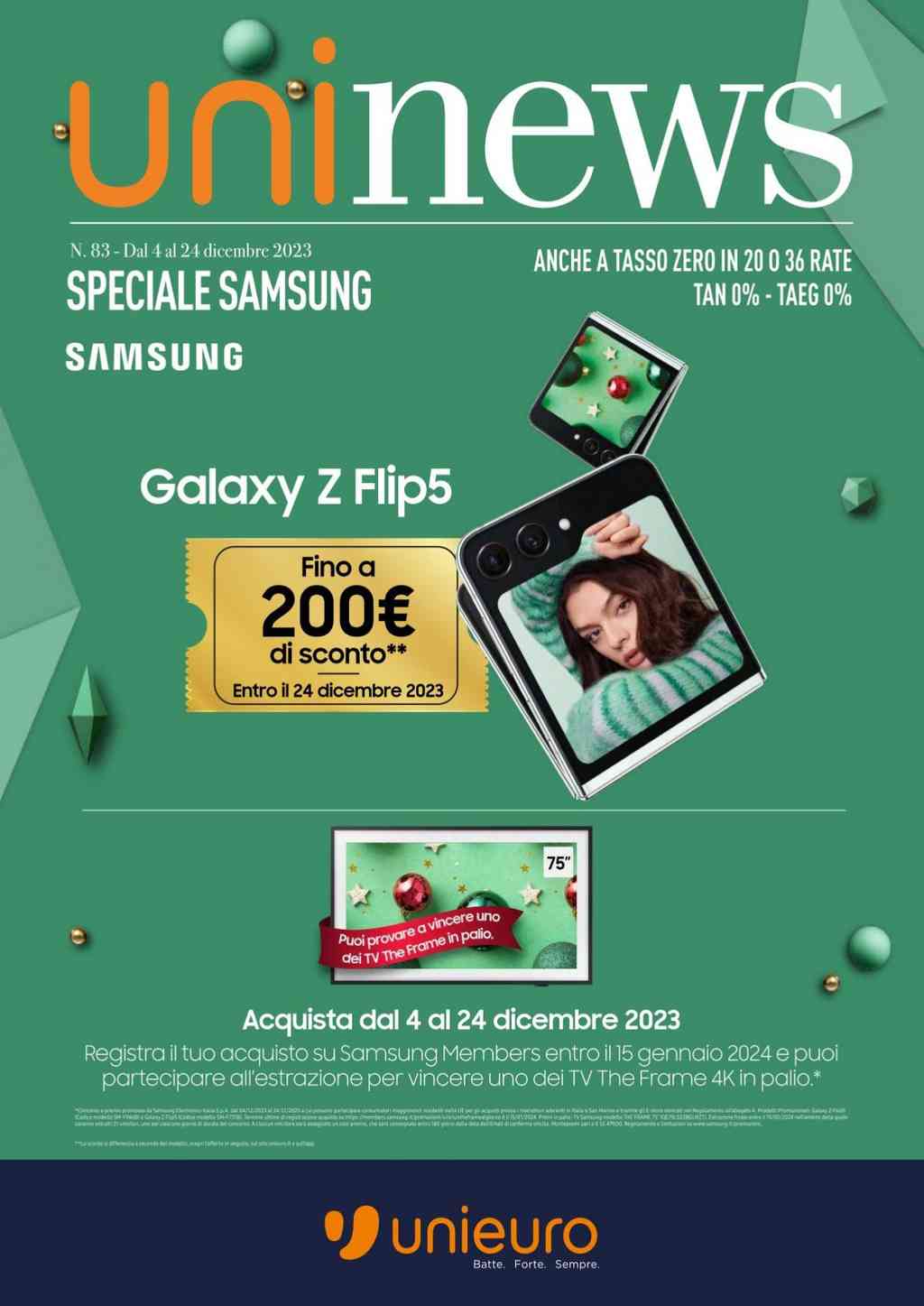 Volantino Unieuro Speciale Samsung dal 4 al 24 dicembre 2023