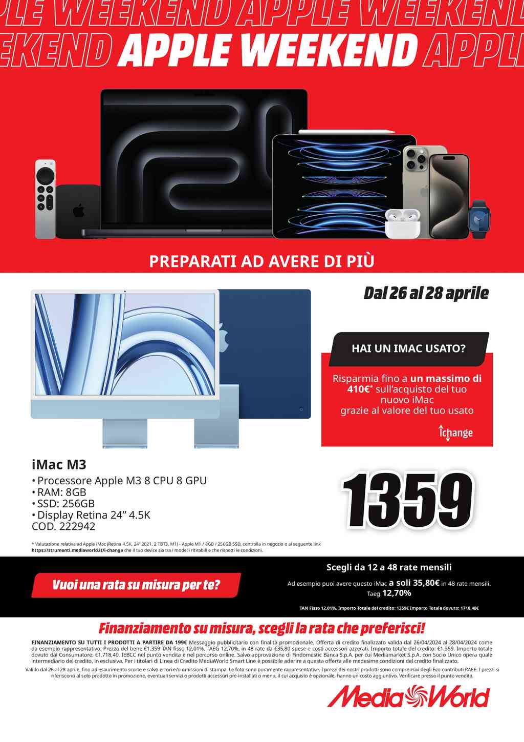Volantino Mediaworld Apple Weekend dal 26 al 28 aprile 2024
