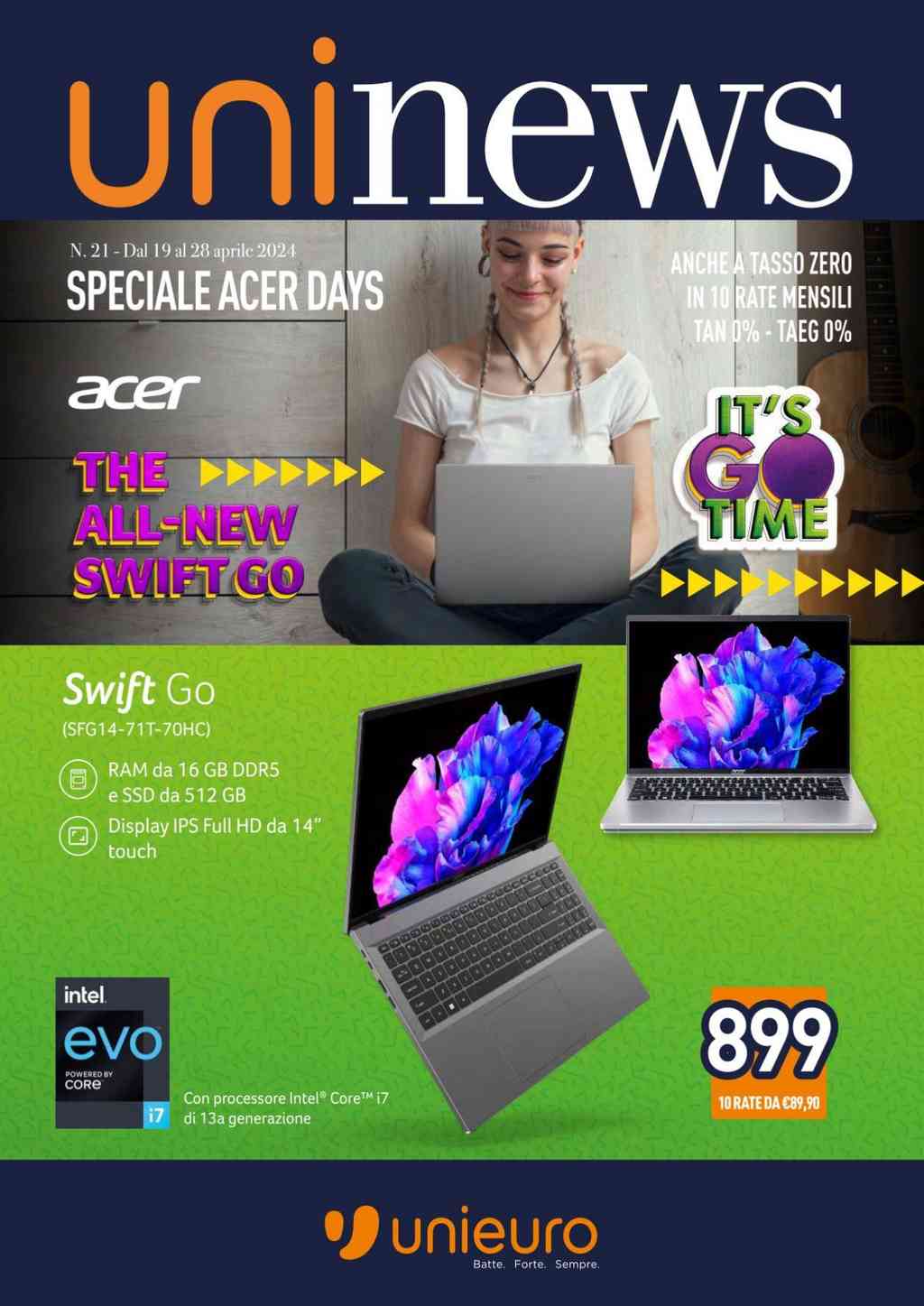 Volantino Unieuro Speciale Acer dal 19 al 28 aprile 2024