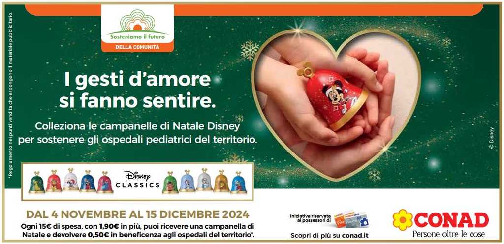 Conad e Disney insieme per gli ospedali pediatrici: al via la raccolta fondi natalizia dal 4 novembre 2024