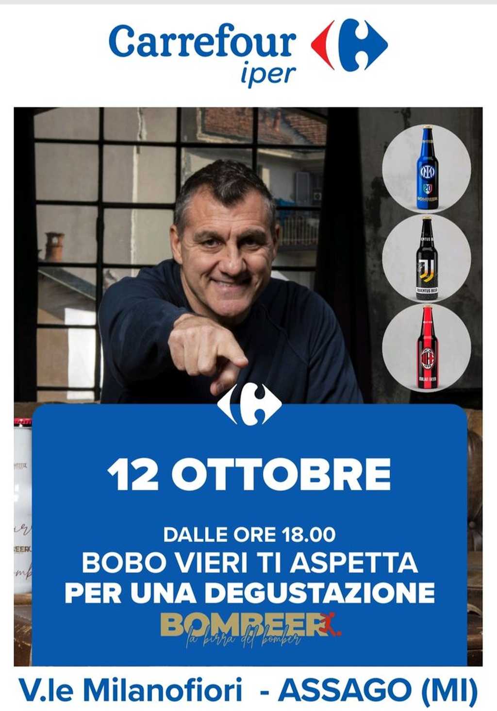 Degustazione con Bobo Vieri e Bombeer al Carrefour Iper di Assago: come partecipare