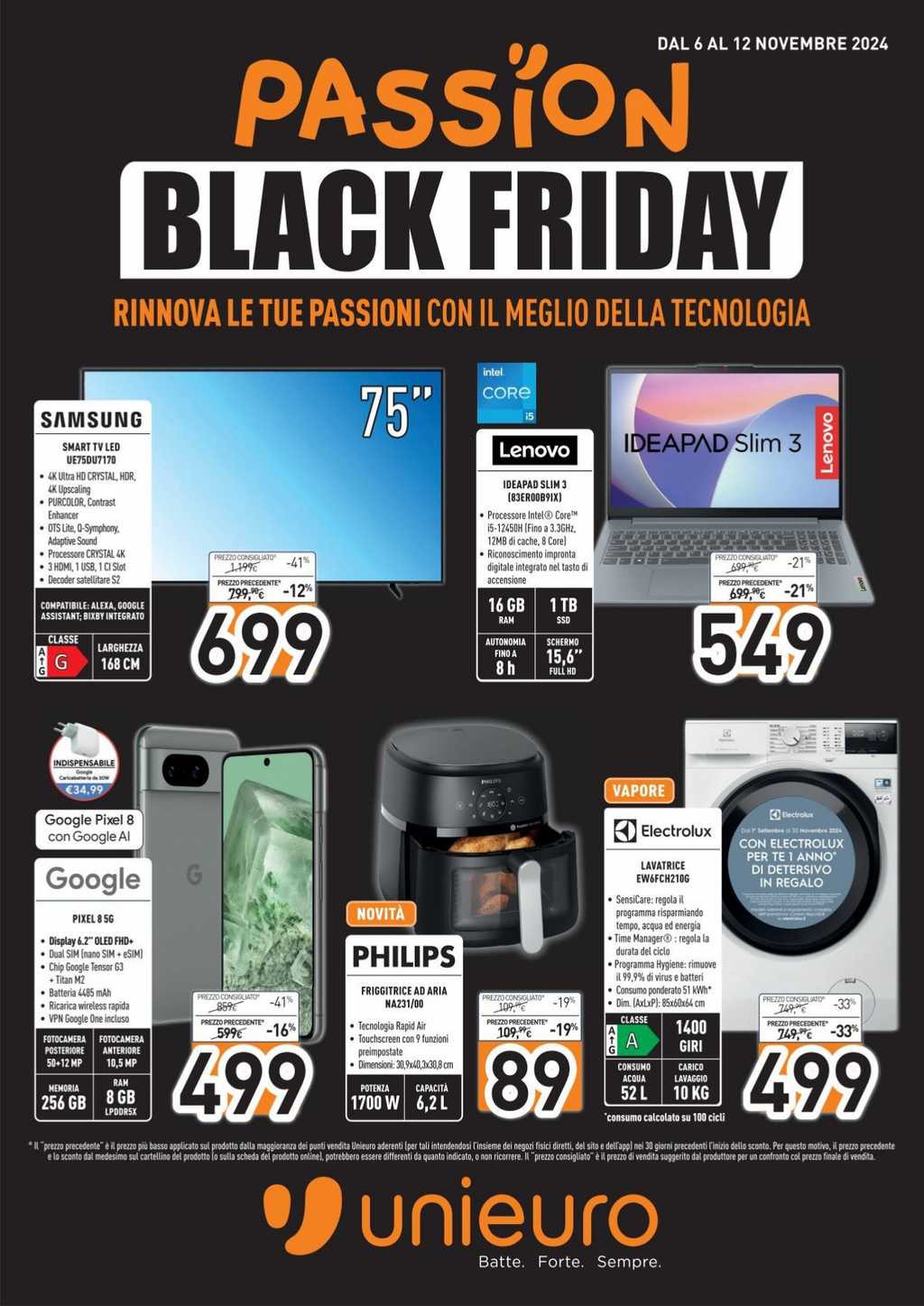 Volantino Unieuro Passion Black Friday dal 6 al 12 novembre 2024
