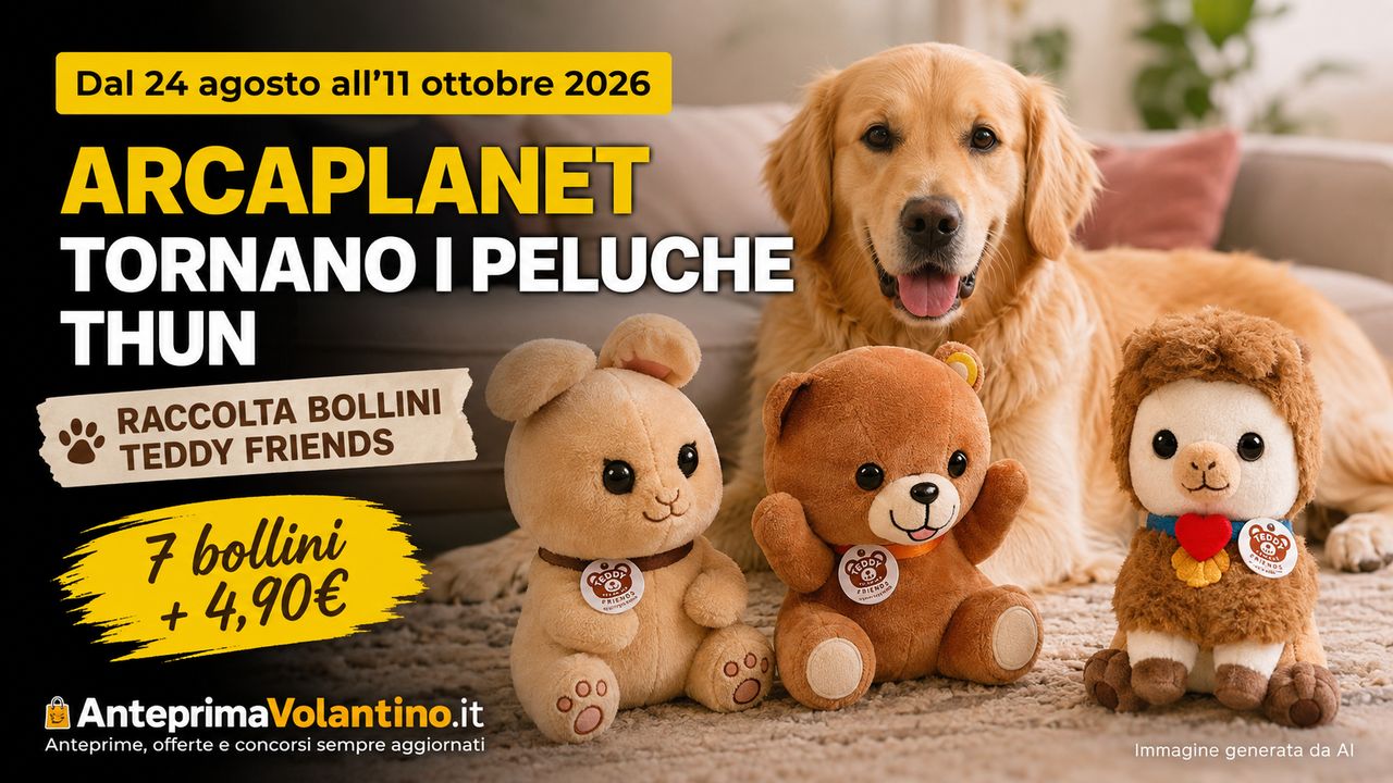 Raccolta bollini Arcaplanet Teddy Friends 2026, arrivano i peluche THUN