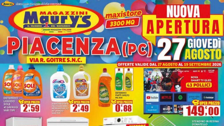 Volantino Maury’s Nuova Apertura Piacenza dal 27 agosto 2026