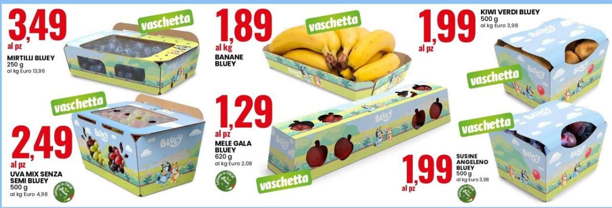 Bluey sulle confezioni frutta Eurospin