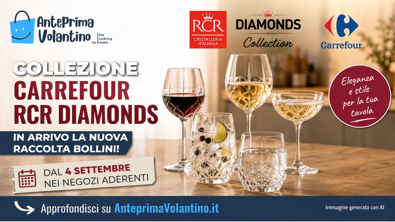 Collezione Carrefour RCR Diamonds, quanti bollini servono per bicchieri e calici dal 4 settembre 2026