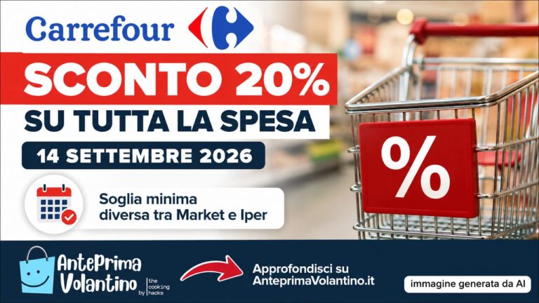 Sconto 20% Carrefour il 14 settembre 2026, cambia la spesa minima tra Market e Iper