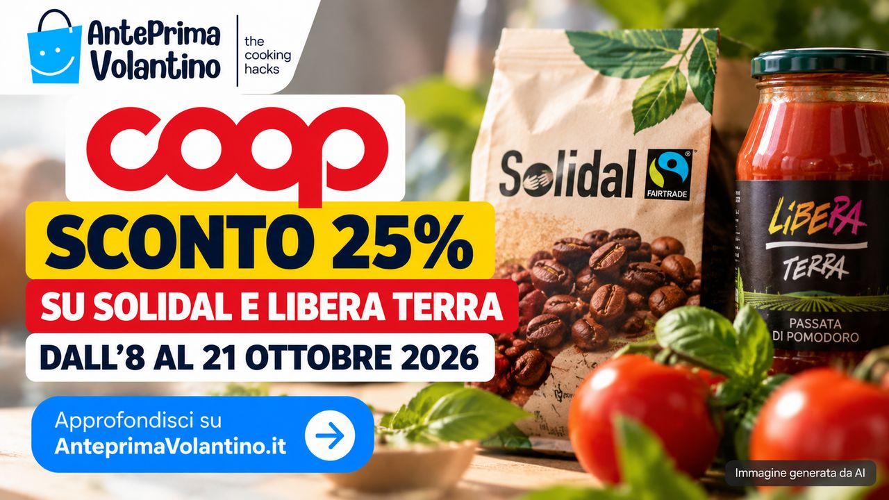 Coop, sconto 25% su Solidal e Libera Terra dall'8 al 21 ottobre 2026