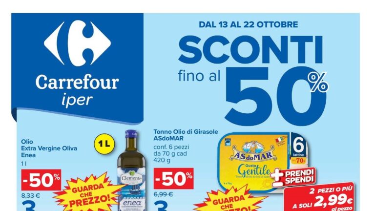 Volantino Carrefour Iper dal 13 ottobre 2026, offerte al 50% su alimentari, caffè e detersivi