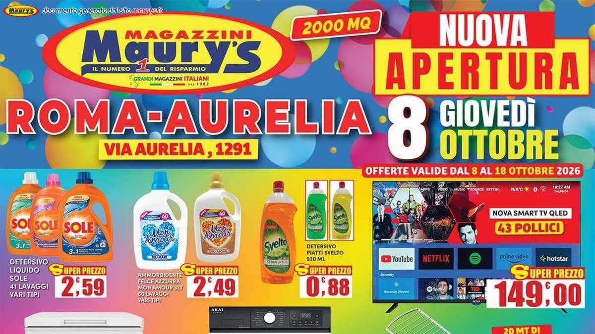 Volantino Maury's Nuova Apertura Roma Aurelia dal 8 ottobre 2026